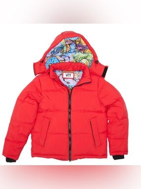 Red Women's Puffer Jacket with Printed Lining